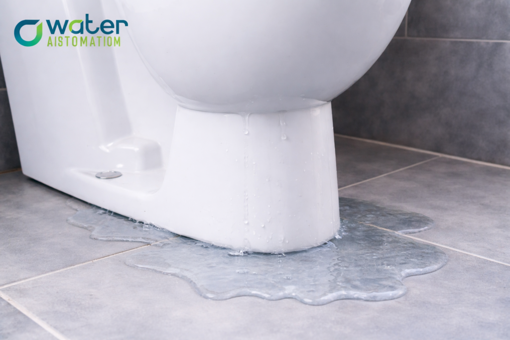 Leaking toilet base on bathroom floor