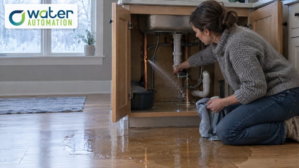 Woman kneeling at an open kitchen sink cabinet where a split copper pipe sprays water onto a wet wood floor