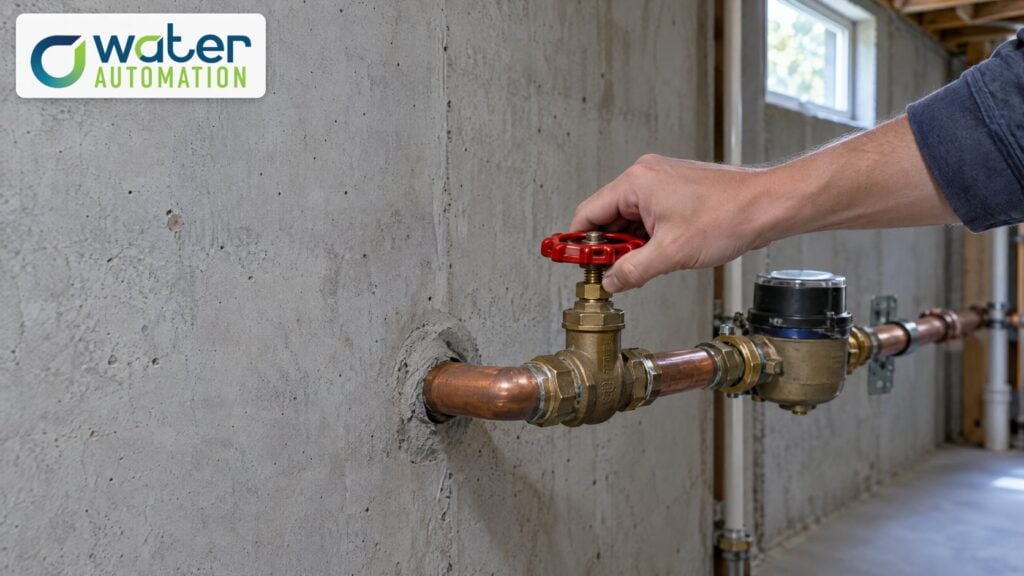 Hand turning the red wheel handle of a main water shut-off valve on a copper pipe in a basement, next to the water meter