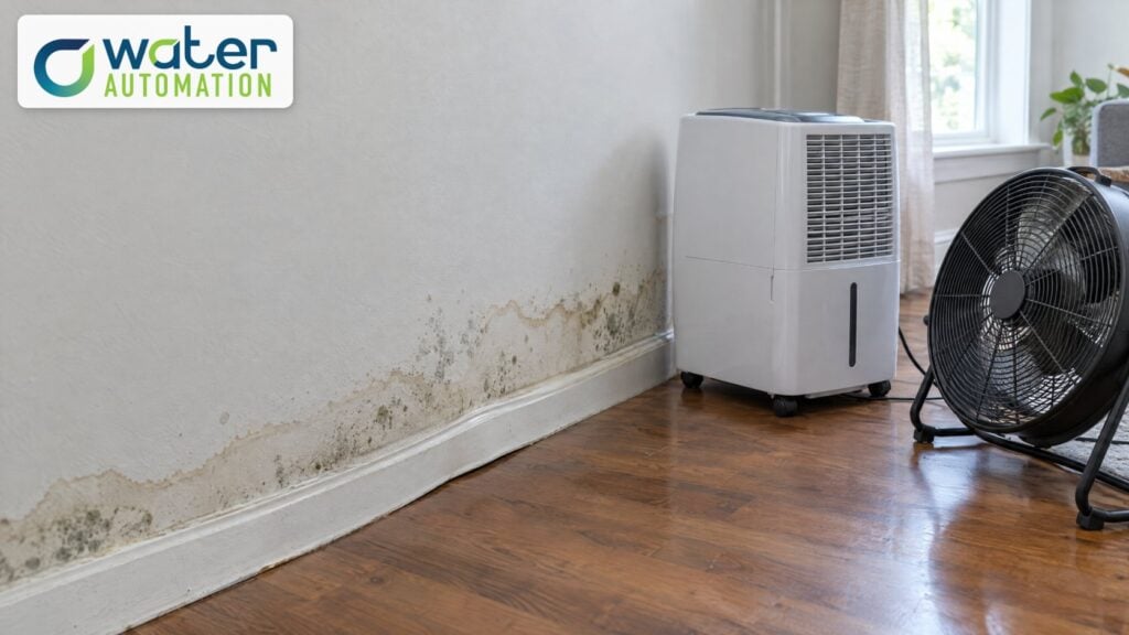 Water stain and mold spots on drywall above a baseboard, with a dehumidifier and a fan drying the room