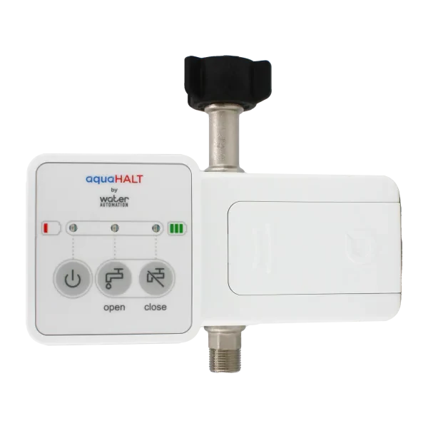 aquaHALT Flip toilet unit with its black fill valve connector